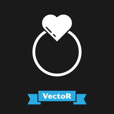 Beyaz alyans simgesi siyah arkaplanda izole edilmiş. Gelin ve damat mücevher tabelası. Evlilik sembolü. Elmas yüzük. Vektör İllüstrasyonu