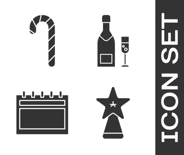Set Weihnachtsstern Zuckerrohr Mit Streifen Kalender Und Champagnerflasche Und Glas — Stockvektor