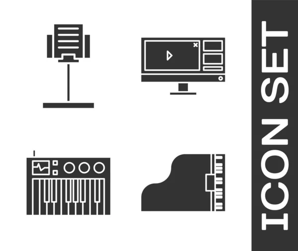 Set Grand piano, Music stand, Music synthesizer and Video recorder or editor software on monitor icon. Vector