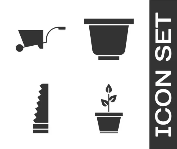 Set Plant Pot Kruiwagen Tuinzaag Flower Pot Icoon Vector — Stockvector