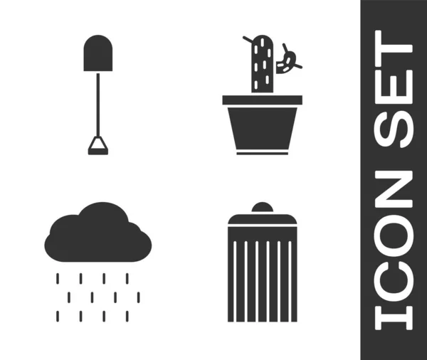 Set Trash Can Shovel Cloud Rain Cactus Succulent Pot Icon — 스톡 벡터