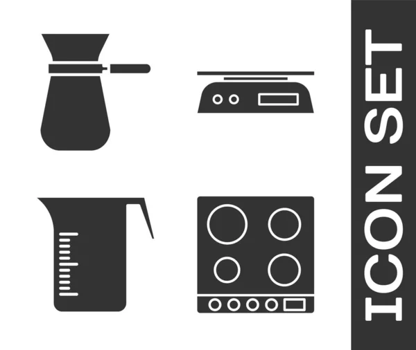 Set Estufa Gas Café Turco Taza Medir Icono Básculas Electrónicas — Vector de stock