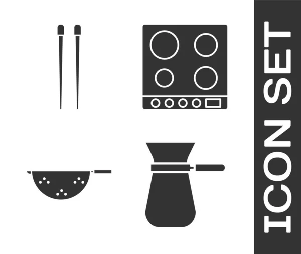 Set Café Turco Palillos Comida Escurridor Cocina Estufa Gas Icono — Vector de stock