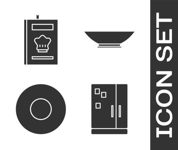Set Réfrigérateur Livre Cuisine Assiette Bol Icône Vecteur — Image vectorielle