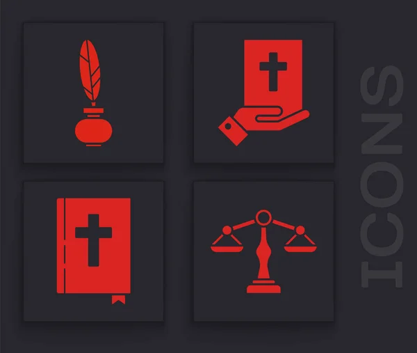 Set Balance Justice Plume Encrier Serment Sur Sainte Bible Icône — Image vectorielle