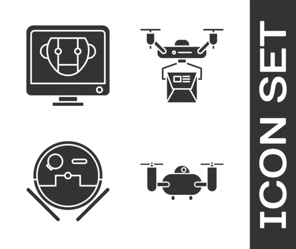 Definir Drone Voando Com Câmera Ação Bot Aspirador Robô Ícone — Vetor de Stock