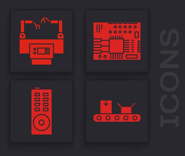 Set Transportband Met Kartonnen Doos Montagelijn Printplaat Pcb Pictogram Afstandsbediening — Stockvector