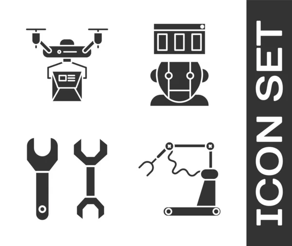 Встановити Індустріальну Машинобудівну Фабрику Ручної Роботи Концепцію Доставки Дронів Ікону — стоковий вектор