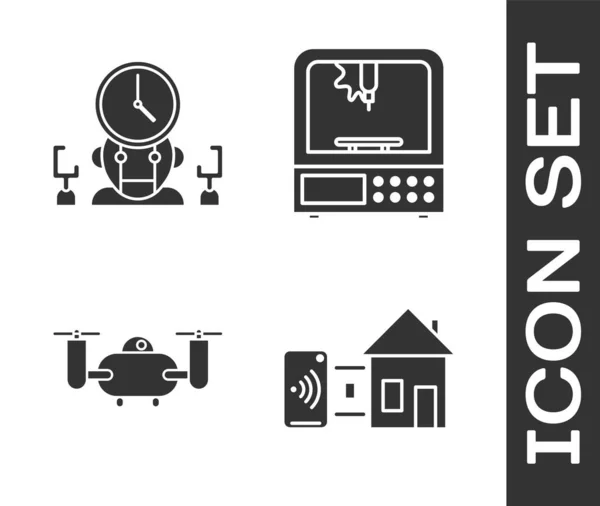 设定智能家庭 机器人和数字时间管理器 无人机飞行与行动相机和3D打印机图标 — 图库矢量图片