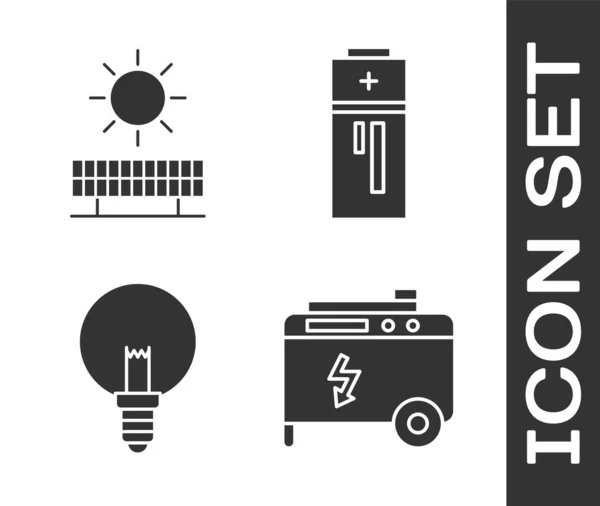 Taşınabilir elektrik jeneratörü, güneş enerjisi paneli, ampul ve pil ikonunu ayarla. Vektör