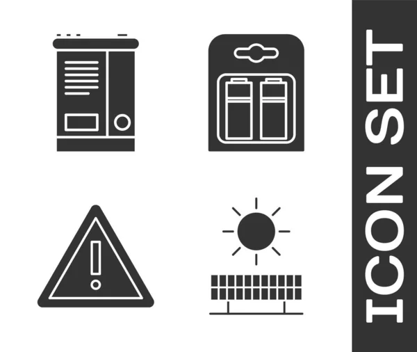 Set Zonne Energie Paneel Zon Auto Batterij Uitroepteken Driehoek Batterij — Stockvector