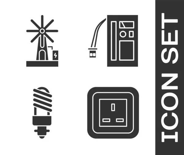 设置电源插座 风力涡轮机 灯泡和电池图标 — 图库矢量图片