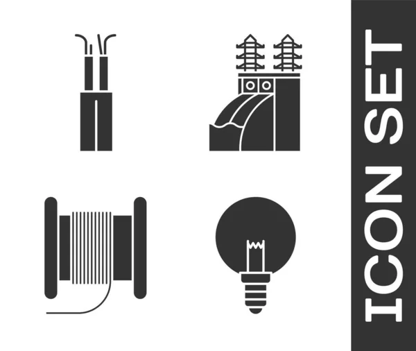 Conjunto Bombilla Cable Eléctrico Cable Eléctrico Alambre Carrete Tambor Icono — Archivo Imágenes Vectoriales