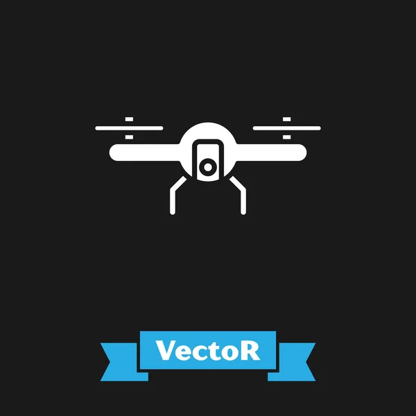 White Drone Flying Icon Isolated Black Background Quadrocopter Video Photo — Stock Vector