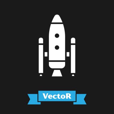 Beyaz uzay mekiği ve roket ikonu siyah arka planda izole edildi. Vektör İllüstrasyonu