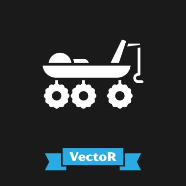 Beyaz Mars Gezgin simgesi siyah arkaplanda izole edildi. Uzay aracı. Ay yürüyüşü işareti. Gezegen yüzeyini incelemek için bir cihaz. Vektör İllüstrasyonu