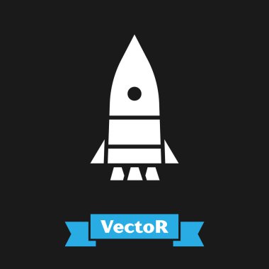 Beyaz Roket gemisi simgesi siyah arkaplanda izole edildi. Uzay yolculuğu. Vektör İllüstrasyonu