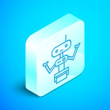 Isome çizgisi robot simgesi mavi arkaplanda izole edildi. Gümüş kare düğme. Vektör İllüstrasyonu