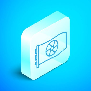 Isometric satır Video Grafik Kart simgesi mavi arkaplanda izole edildi. Gümüş kare düğme. Vektör İllüstrasyonu