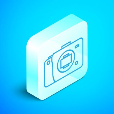 Aynasız kamera simgesi mavi arkaplanda izole edilmiş. Fotoğraf makinesi simgesi. Gümüş kare düğme. Vektör İllüstrasyonu