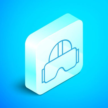 Mavi arka planda izole edilmiş sanal gerçeklik gözlüğü simgesi. Stereoskopik 3D VR maskesi. Gümüş kare düğme. Vektör İllüstrasyonu