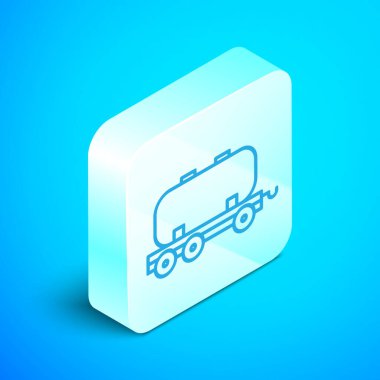 Isometric hattı Oil demiryolu sarnıç ikonu mavi arka planda izole. Tren vagonundaki petrol tankı. Demiryolu nakliyesi. Petrol endüstrisi. Gümüş kare düğme. Vektör İllüstrasyonu