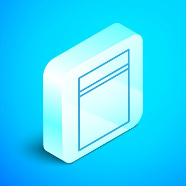 Mavi arka planda izole edilmiş plastik plastik plastik poşet. Gümüş kare düğme. Vektör İllüstrasyonu