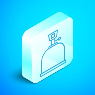 Isometric hattı Kamp gaz ocağı ikonu mavi arka planda izole. Taşınabilir gaz ocağı. Yürüyüş, kamp malzemeleri. Gümüş kare düğme. Vektör İllüstrasyonu