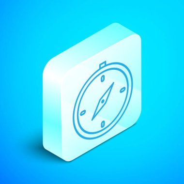 Mavi arka planda yalıtılmış izometrik çizgi Pusula simgesi. Windrose navigasyon sembolü. Rüzgar gülü işareti. Gümüş kare düğme. Vektör İllüstrasyonu