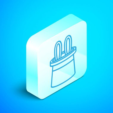 İzometrik çizgi Magician şapka ve tavşan kulakları simgesi mavi arka plan üzerinde izole. Sihir numarası. Gizemli eğlence konsepti. Gümüş kare düğme. Vektör İllüstrasyonu