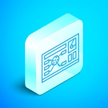 Isometric line Futuristik hud arayüzü simgesi mavi arkaplanda izole edildi. Hologram ui Infographic, interaktif dünya ve siber gökyüzü kurgu ekranı. Gümüş kare düğme. Vektör İllüstrasyonu
