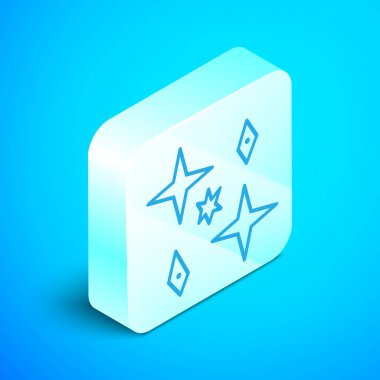 Isometric çizgisi gezegen simgesi mavi arkaplanda izole edildi. Gümüş kare düğme. Vektör İllüstrasyonu