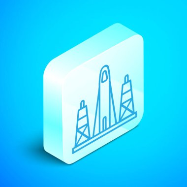 Isometric line Rocket mavi arkaplanda izole edilmiş uzay simgesinden fırlatılıyor. Uzaya roket fırlatın. Gümüş kare düğme. Vektör İllüstrasyonu