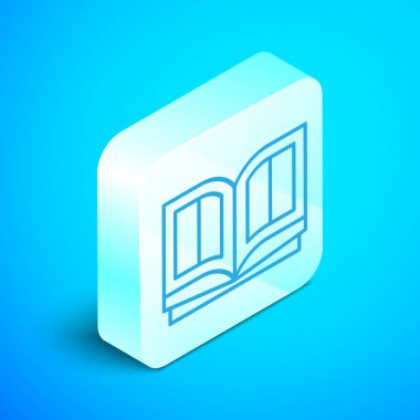 Mavi arka planda izole edilmiş kutsal kitap ikonu. Gümüş kare düğme. Vektör İllüstrasyonu