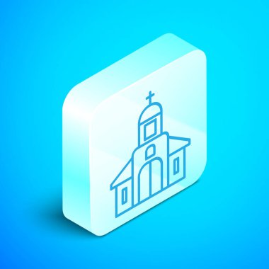 İzometrik çizgi Kilise bina simgesi mavi arka plan üzerinde izole. Hıristiyan Kilisesi. Kilise dini. Gümüş kare düğme. Vektör İllüstrasyonu