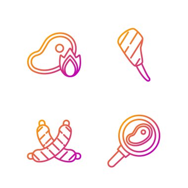 Kızartma tavasında biftek, çapraz sosis, ızgara biftek, ateş alevi ve kaburga bifteği. Renk simgeleri. Vektör