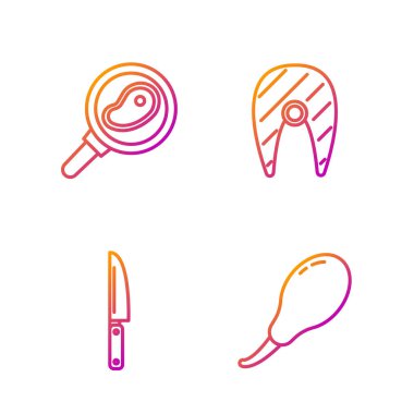 Hattı ayarla tavuk budu, bıçak, tavada biftek ve balık bifteği. Renk simgeleri. Vektör