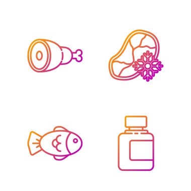 Sabit bir sos şişesi, balık, tavuk budu ve taze donmuş biftek eti. Renk simgeleri. Vektör