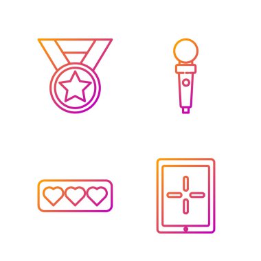 Çizgi tableti, kalbi, madalyayı ve oyun makinası için Joystick 'i ayarla. Renk simgeleri. Vektör