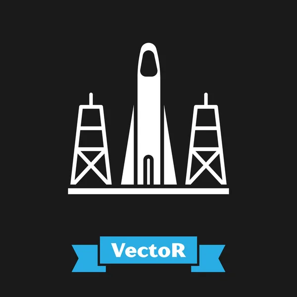 White Rocket Start Vom Weltraumbahnhof Symbol Isoliert Auf Schwarzem Hintergrund — Stockvektor