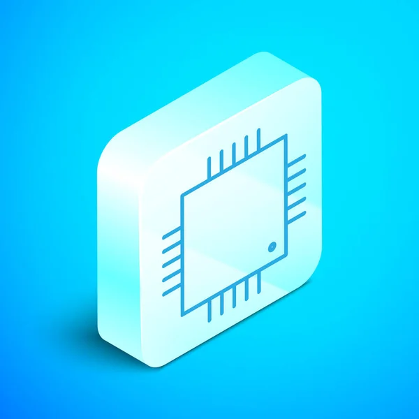 等距线计算机处理器与电路Cpu图标隔离在蓝色背景上 带有电路板标志的芯片或Cpu 微处理器 银方按钮 病媒图解 — 图库矢量图片