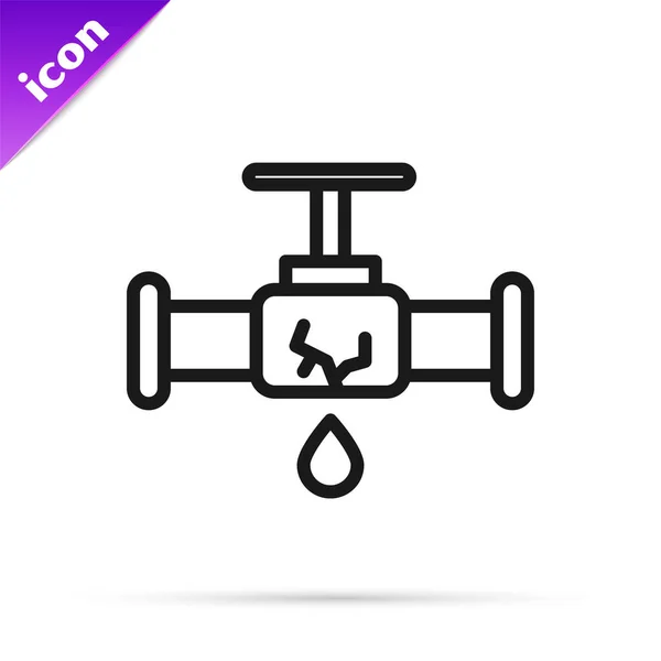 Black Line Broken Metal Pipe Leaking Water Icon Isolated White — Stock Vector
