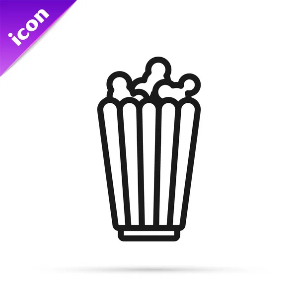 Zwarte Lijn Popcorn Kartonnen Doos Pictogram Geïsoleerd Witte Achtergrond Popcorn — Stockvector