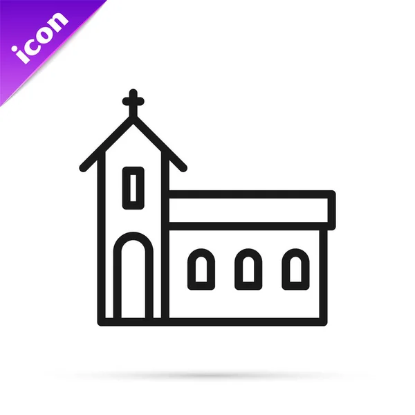 Černý Spojnicový Kostel Ikona Budovy Izolovaná Bílém Pozadí Křesťanský Kostel — Stockový vektor