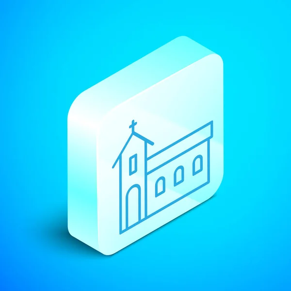 等轴测线教会建筑图标孤立在蓝色背景上 基督教会 教会的宗教 银色方形按钮 矢量插图 — 图库矢量图片