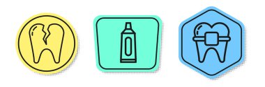 Çizgi, kırık diş, diş macunu tüpü ve diş teli. Renkli şekiller. Vektör