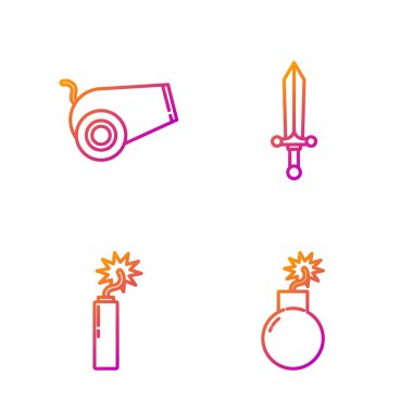 Hattı patlamaya hazır hale getirin, Dinamit bomba çubuğu saat, top ve ortaçağ kılıcı. Renk simgeleri. Vektör