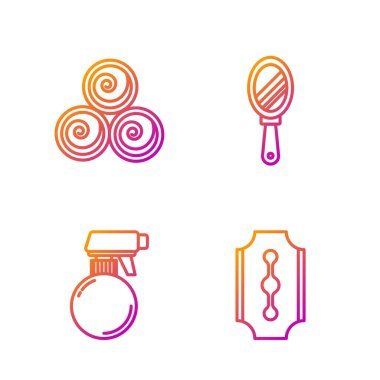 Jilet, kuaför tabancası sprey şişesi, havlu rulo ve el aynası. Renk simgeleri. Vektör