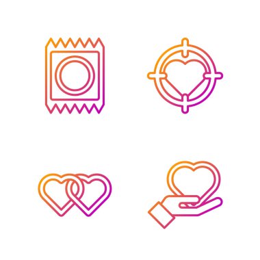 Hat hazır olsun, İki Bağlı Kalp, Pakette prezervatif ve Dart 'ın ortasına Heart hedef alsın. Renk simgeleri. Vektör