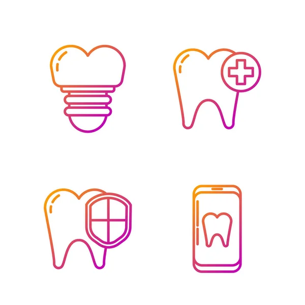 Definir Linha Cuidados Odontológicos Line Proteção Dentária Implante Dentário Dente — Vetor de Stock